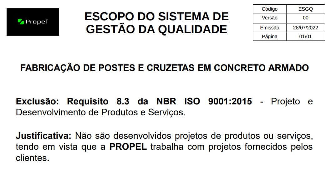 Escopo do sistema de gestão Propel